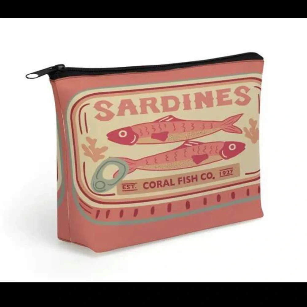 New Pink and Cream Sardines Make Up Carryall Canvas Zip Top Pouch OS - Picture 5 of 15